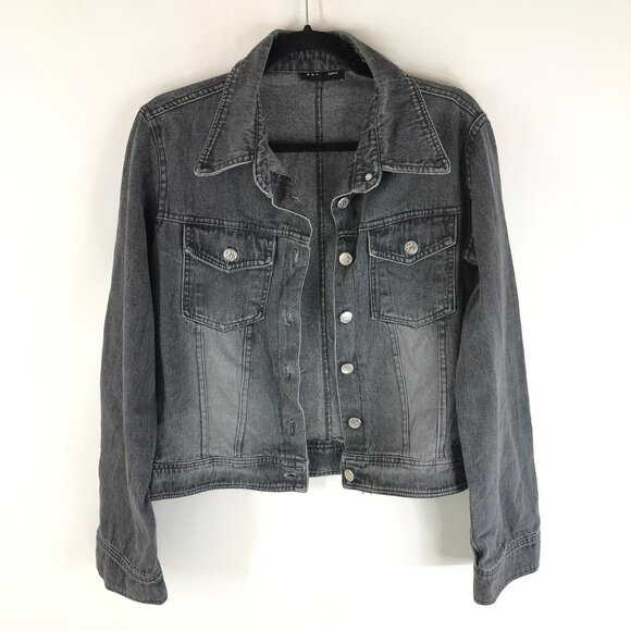Sasch Womens Denim Jacket Retro Trucker Vintage Fading Black Gray M - Picture 1 of 3